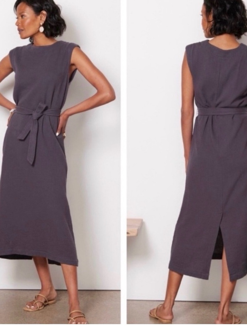 Faherty Sleeveless Tie-Waist Midi Dress in Charcoal